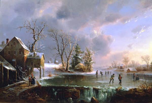 Regis-Francois Gignoux Skating by the Mill Norge oil painting art